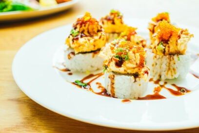 Assorted sushi featuring nigiri, sashimi, rolls, and fresh seafood, served at Banjara at Manekchowk, Ashburn, VA.