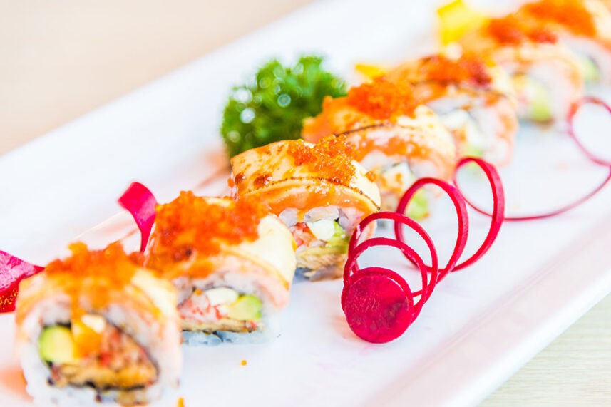 Eel Sushi Roll with grilled eel, sushi rice, and seaweed, served at Banjara at Manekchowk, Ashburn, VA.
